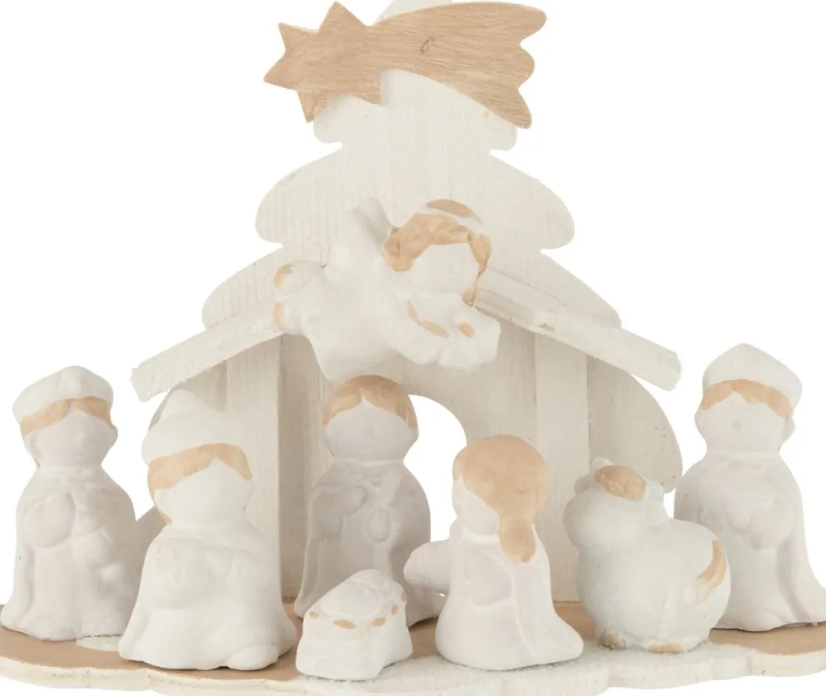 J-Line Kerststallen> Kerststal Hout/Poly Wit/Beige Medium