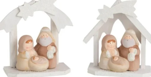 J-Line Kerststallen> Kerststal Hout/Poly Creme Small Ass2 - 2 Stuks
