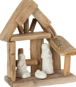 J-Line Kerststallen> Kerststal Huis Hout/Keramiek Naturel/Wit