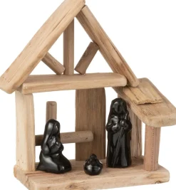 J-Line Kerststallen> Kerststal Huis Hout/Keramiek Naturel/Zwart