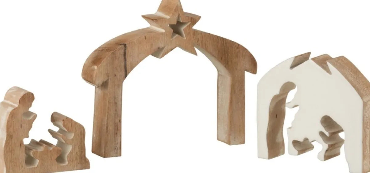 J-Line Kerststallen> Kerststal Simple Mango Hout Wit/White Wash Large