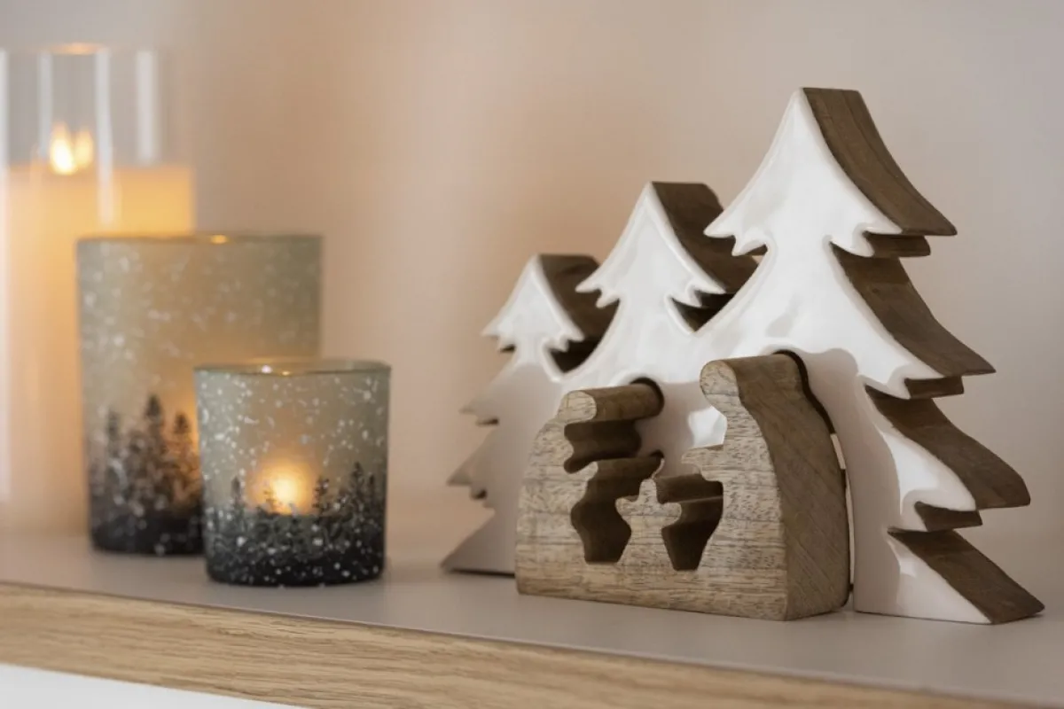 J-Line Kerststallen> Kribbe Bomen Hout Wit/Naturel