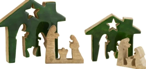 J-Line Kerststallen> Kribbe Huis Hout Groen/Naturel Large