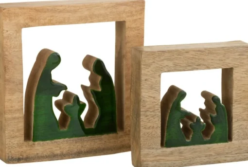 J-Line Kerststallen> Kribbe Vierkant Hout Groen/Naturel Large