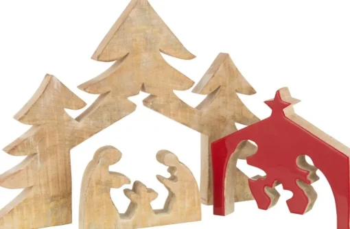 J-Line Kerststallen> Puzzel Kerststal Mango Hout Rood L