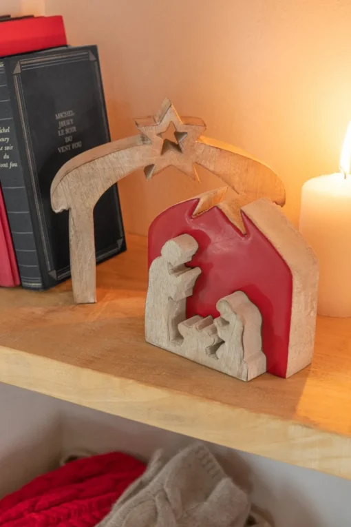 J-Line Kerststallen> Puzzel Kerststal Mango Hout Rood S