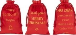 J-Line Kerstsokken> Zak Kerst Engels Velvet Rood Small Assortiment Van 3