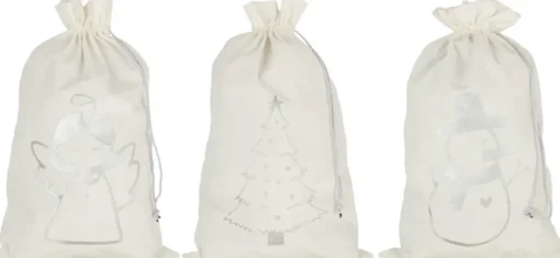 J-Line Kerstsokken> Zak Kerst Mix Velvet Wit/Zilver Large Assortiment Van 3