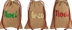 J-Line Kerstsokken> Zak Noel Pailletten+Trekkoord Jute Naturel Assortiment Van 3