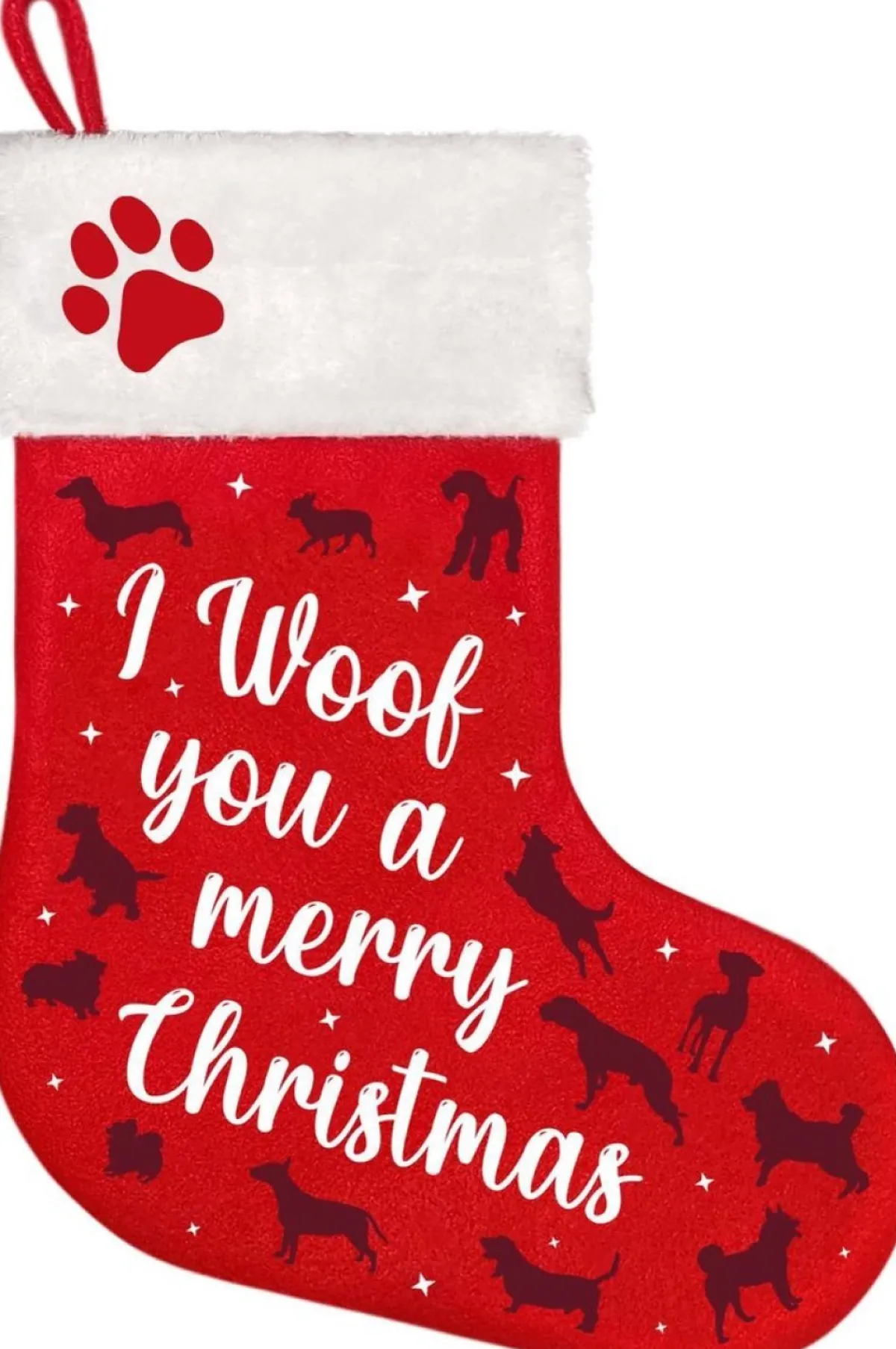 Plenty Gifts Kerstsokken>Kerst Sok Stocking Woof Merry Christmas Rood