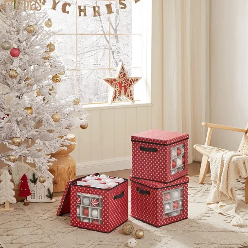 Songmics Kerstballen Opbergbox Met Transparante Voorkant, Opbergdoos Met Deksel, Vouwdoos Voor Kerstmis, Stoffen Opbergbox Met Ruimte Voor 64 Kerstballen Of Andere Ornamenten, 30,5 X 30,5 X 30,5 Cm, Met Sneeuwvlokken Design, Rood Sale