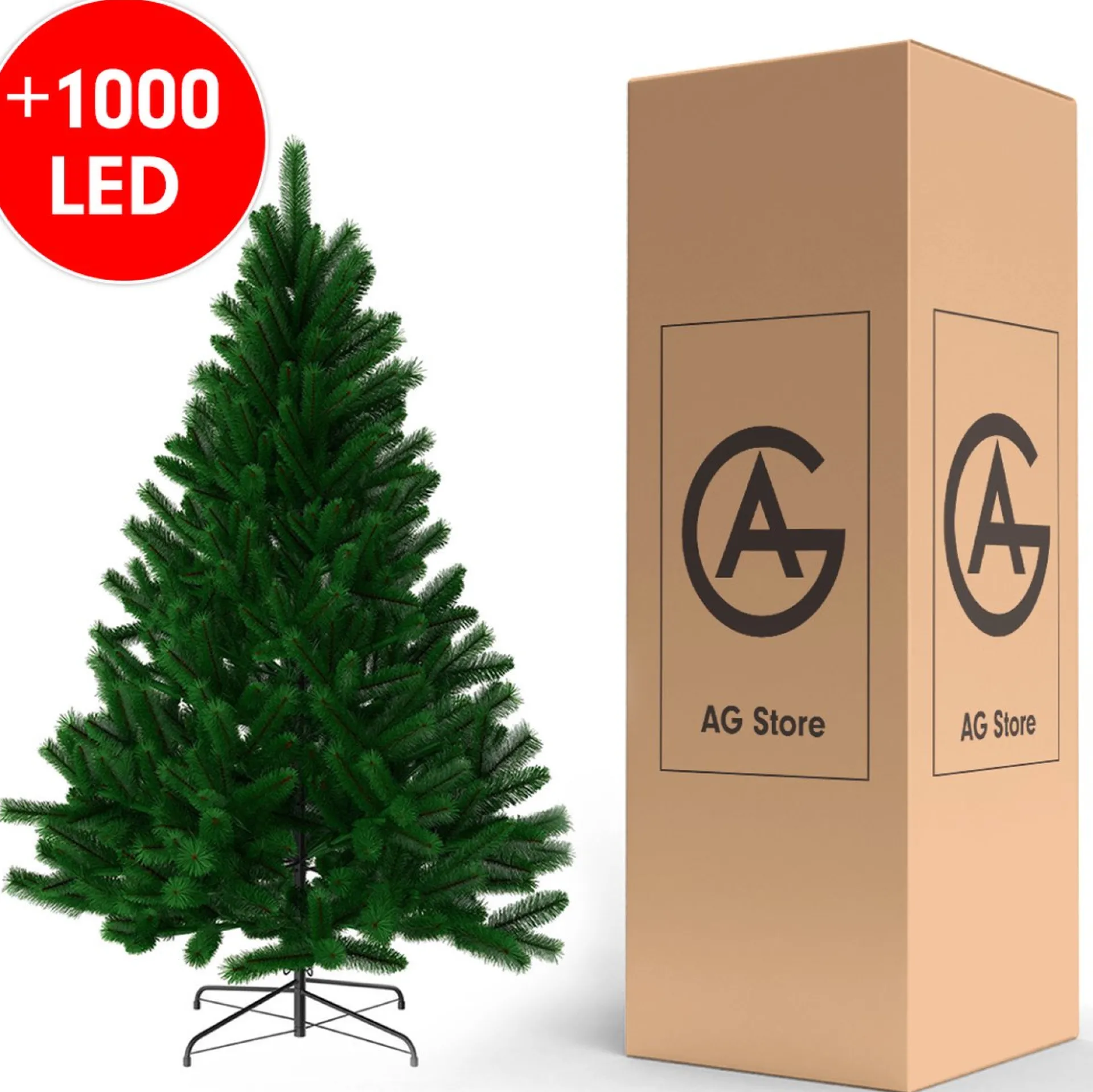 AG Store Kerstboom Ag - Volle Boom - Kunstkerstboom 210Cm Hoog - 1160 Takken - Inclusief 1000 Leds- Kunstkerstbomen - Christmas Tree - Groot- Veel Takken - Donker Kerst - Decoratie Fashion