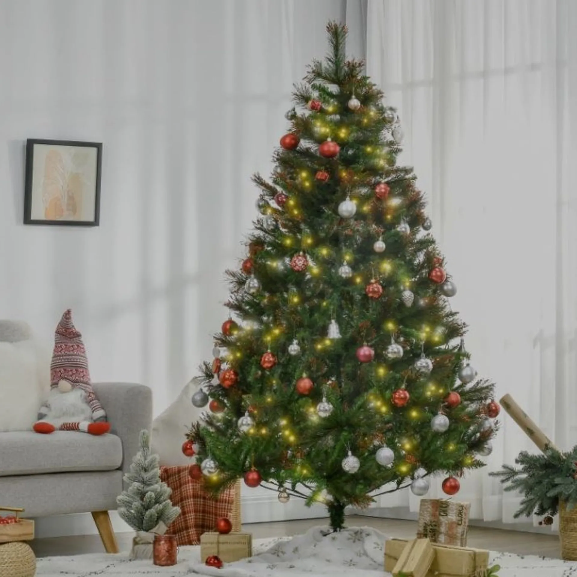 Merkloos Kerstboom Met Verlichting - Kunstkerstboom - Kunstboom - 200 Led's - Christmas Tree - Kerstboom 180Cm - 616 Takken - Diameter Doorsnede 112Cm Clearance