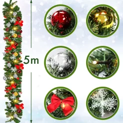 Merkloos Kerstguirlande Met Ledverlichting 5 M Groene Dennenguirlande Met Lampjes, Dennenappels, Kerstballen & Besjes - Binnen Kerst Bruiloft Feest Decoratie - Haardmantel & Trappengat Outlet