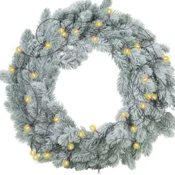 Merkloos Kerstkransen>Kerstkrans - Groen Met Sneeuw - D46 Cm - Incl. Verlichting Warm Wit