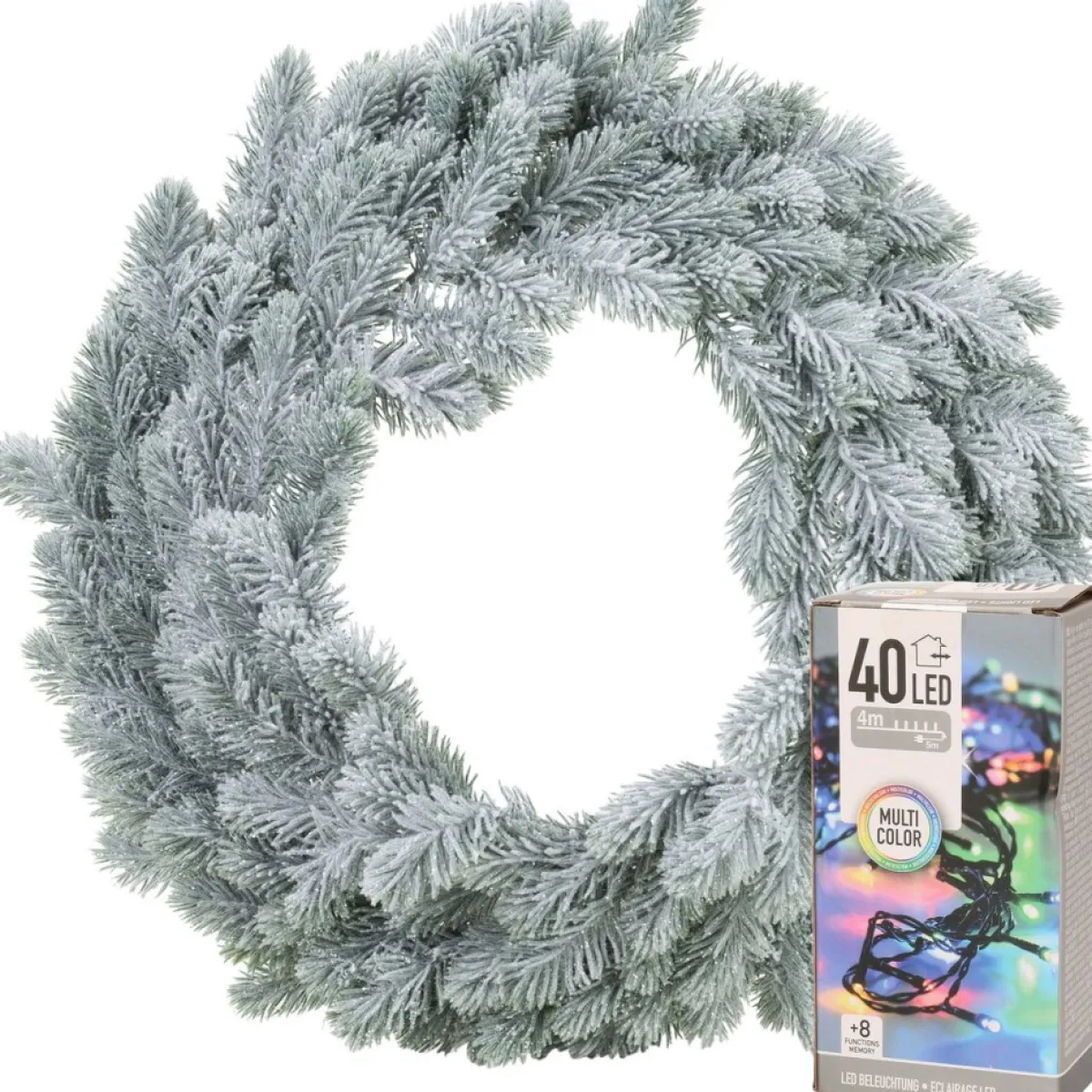 Merkloos Kerstkransen>Kerstkrans - Groen Met Sneeuw - D36 Cm - Incl. Verlichting Gekleurd