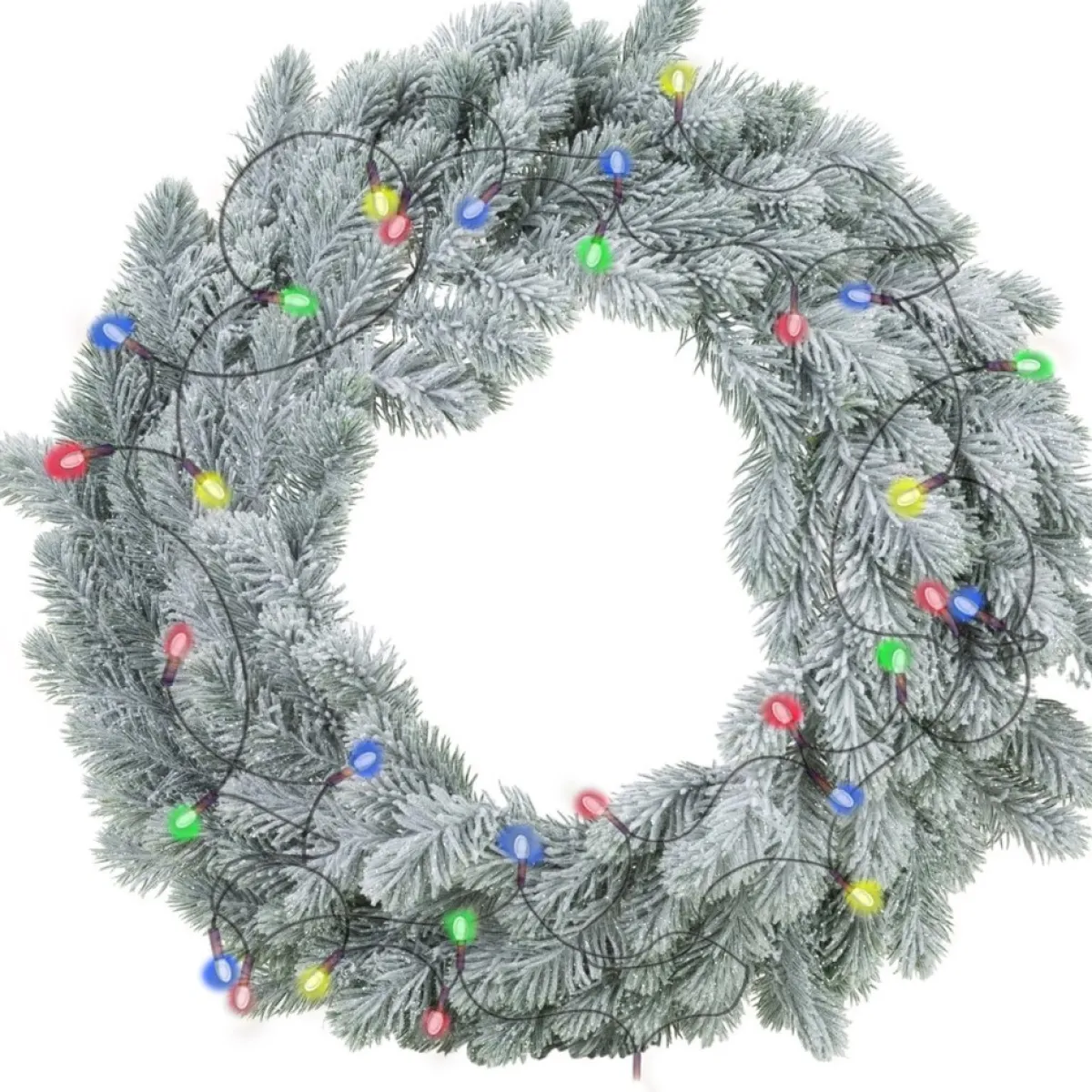 Merkloos Kerstkransen>Kerstkrans - Groen Met Sneeuw - D36 Cm - Incl. Verlichting Gekleurd