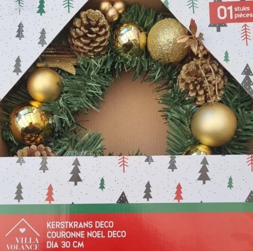 Villa Volance Kerstkransen>Kerstkrans - Wanddecoratie/Accessoires - Wanddecoratie - Dennenappel/Goud - O30Cm