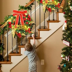 Merkloos Kerstkransen></noscript>Kerstkrans 45Cm 50 Led Verlichting - Kerstballen Met Rood En Bruinelint Kerstdecoratie Kerstmis Kunststof