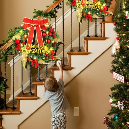 Merkloos Kerstkransen>Kerstkrans 45Cm 50 Led Verlichting - Kerstballen Met Rood En Bruinelint Kerstdecoratie Kerstmis Kunststof