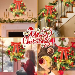 Merkloos Kerstkransen></noscript>Kerstkrans 45Cm 50 Led Verlichting - Kerstballen Met Rood En Bruinelint Kerstdecoratie Kerstmis Kunststof
