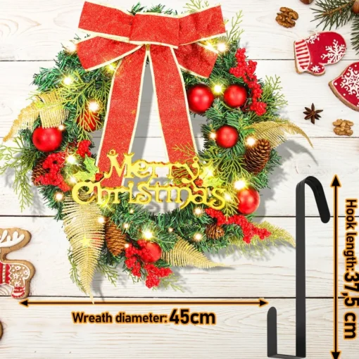 Merkloos Kerstkransen>Kerstkrans 45Cm 50 Led Verlichting - Kerstballen Met Rood En Bruinelint Kerstdecoratie Kerstmis Kunststof