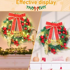 Merkloos Kerstkransen></noscript>Kerstkrans 45Cm 50 Led Verlichting - Kerstballen Met Rood En Bruinelint Kerstdecoratie Kerstmis Kunststof