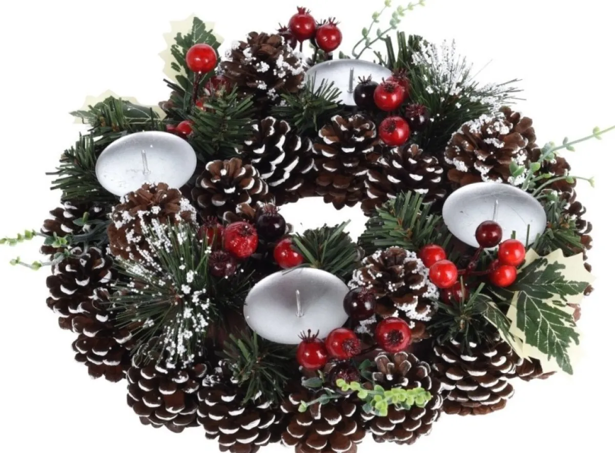 Merkloos Kerstkransen>Kerstkrans Met Decoratie En Waxinelichtjes 30,5 Cm - Kerstversiering/Kerstdecoratie Kerstkrans Excl. Kaarsjes