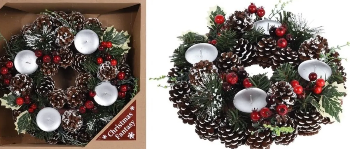 Merkloos Kerstkransen>Kerstkrans Met Decoratie En Waxinelichtjes 30,5 Cm - Kerstversiering/Kerstdecoratie Kerstkrans Excl. Kaarsjes