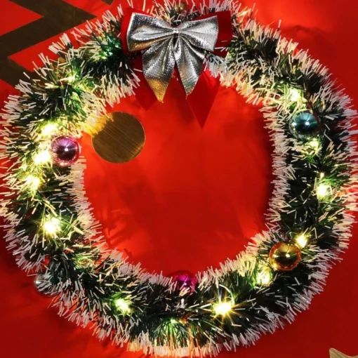 * Kerstkransen>Kerstkrans O32 Met Led Verlichting, Zilver Kleurige Strik