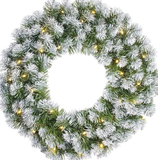 Mica Decorations Kerstkransen>Kerstkrans/Deurkrans Groen Met Verlichting 30 Lampjes En Sneeuw 60 Cm Met Gouden Hanger - Kerstversiering/Kerstdecoratie Kransen