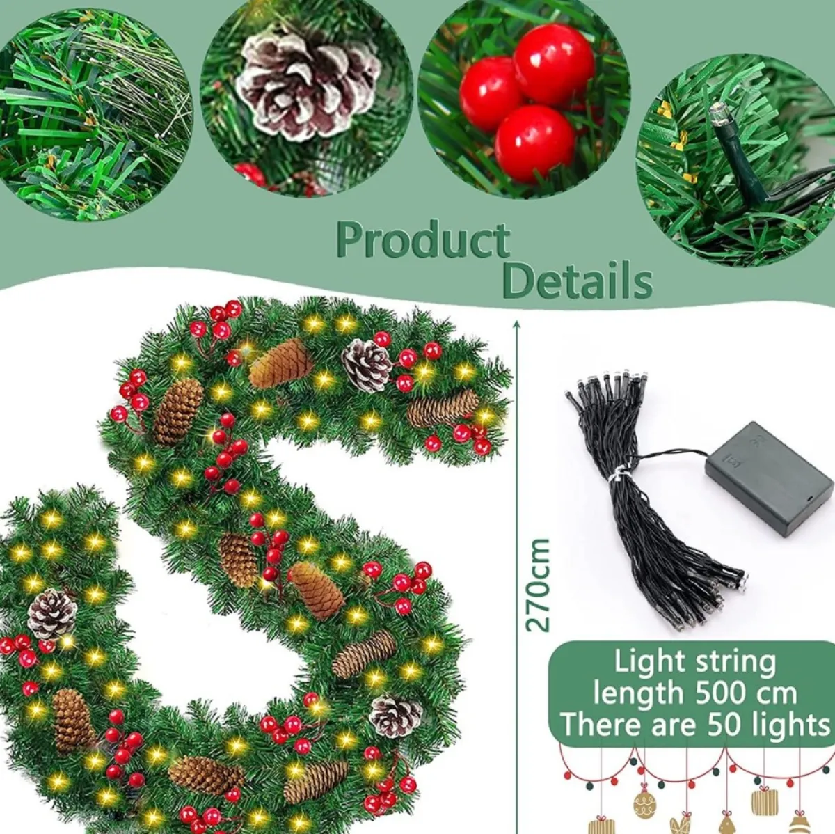 Selwo Guirlandes>Kerstslinger Met 50 Warmwitte Leds, 2,7 M, Kunstzinnige Adventskrans, Kunstslinger, Kerstdecoratie, Verlichte Kransen, Voor Kerstmis, Trappen, Deur, Tuin, Open Haard