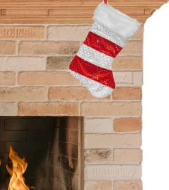 Merkloos Kerstsokken>Kerstsok - Rood Met Wit - H43 Cm - Gestreept - Pluche - Kerstsokken