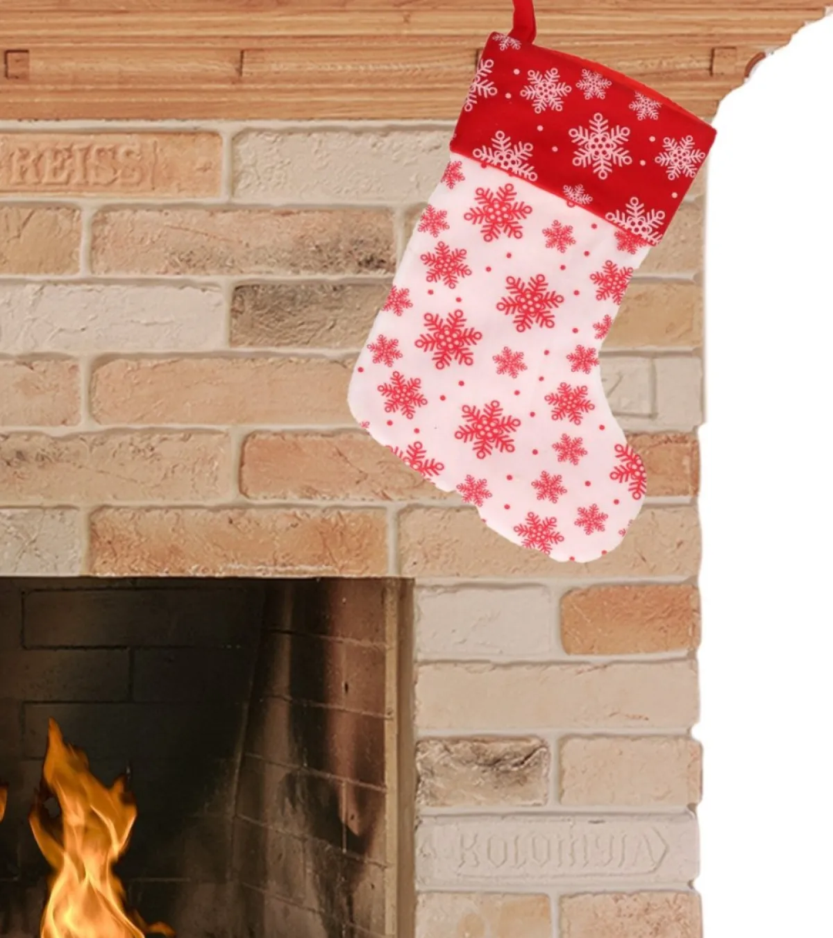 Merkloos Kerstsokken>Kerstsok - Wit Met Rood - H40 Cm - Polyester - Met Sneeuwvlokken