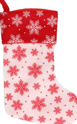 Merkloos Kerstsokken>Kerstsok - Wit Met Rood - H40 Cm - Polyester - Met Sneeuwvlokken