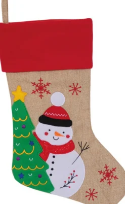 SANDY Kerstsokken>Kerstsok Beige/Rood Met Sneeuwpop Print 46 Cm - Kerstversiering/Kerstdecoratie Kerstsokken