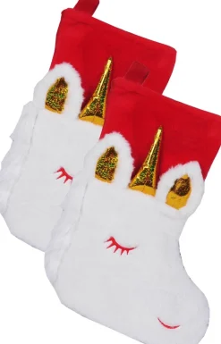 Merkloos Kerstsokken>Kerstsokken - 2 Stuks - Eenhoorn - Rood Met Goud - Polyester - 45 Cm