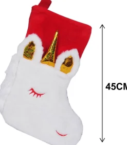 Merkloos Kerstsokken></noscript>Kerstsokken - 2 Stuks - Eenhoorn - Rood Met Goud - Polyester - 45 Cm