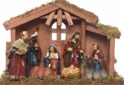 Merkloos Kerststallen>Kerststal Inclusief 8 Figuren Van Polyestone - Kerststalletje Incl. Figuurtjes - 10 X 30 X 21 Cm