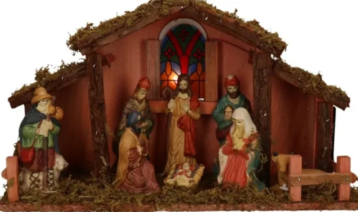 Merkloos Kerststallen>Kerststal Met Verlichting En 8 Figuren 39 X 14 X 23 Cm