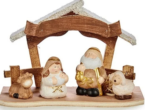 Krist+ Kerststallen>Kerststal Set Keramisch Gouden Hout Bruin Wit (8,5 X 15,5 X 21,5 Cm)