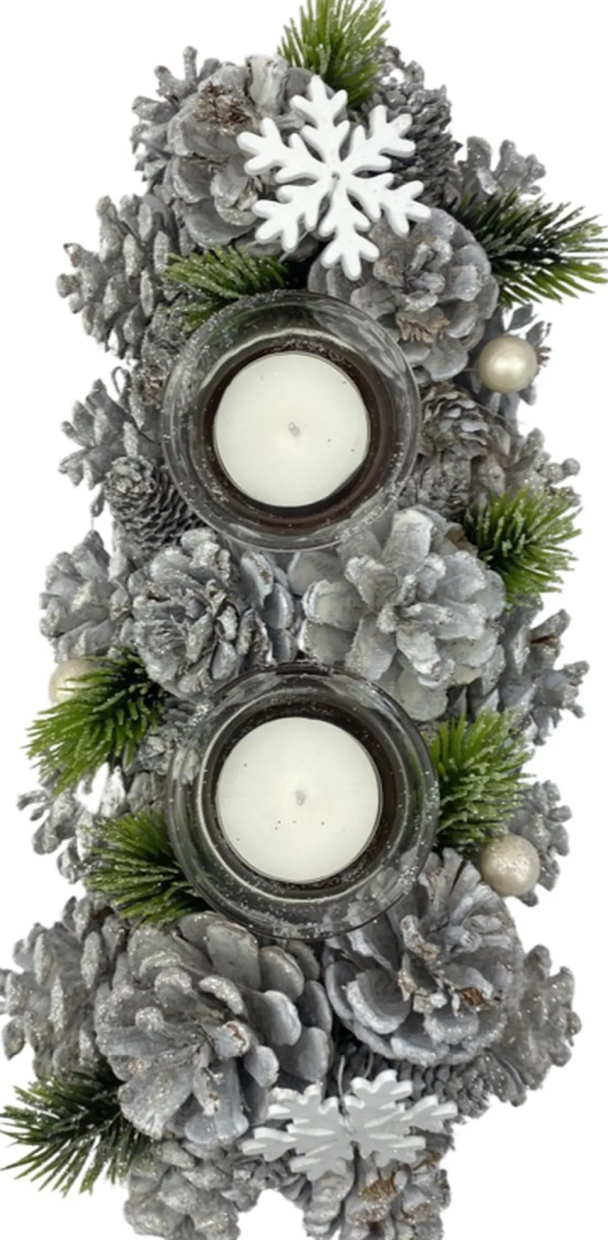 WDMT Kerststukjes>Kerststuk Kaarsenhouder - Pearl |13 X 9 X 30 Cm | Decoratieve En Goed Gevulde Kerstdecoratie Met Waxinehouder | Vervaardigd Uit Natuurlijke Materialen En Witte Details | Wit