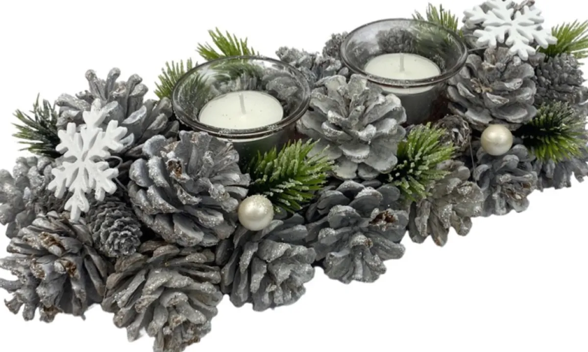 WDMT Kerststukjes>Kerststuk Kaarsenhouder - Pearl |13 X 9 X 30 Cm | Decoratieve En Goed Gevulde Kerstdecoratie Met Waxinehouder | Vervaardigd Uit Natuurlijke Materialen En Witte Details | Wit