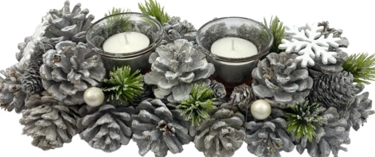 WDMT Kerststukjes>Kerststuk Kaarsenhouder - Pearl |13 X 9 X 30 Cm | Decoratieve En Goed Gevulde Kerstdecoratie Met Waxinehouder | Vervaardigd Uit Natuurlijke Materialen En Witte Details | Wit