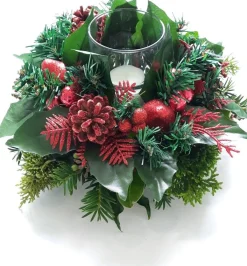 Merkloos Kerststukjes>Kerststukje Maken – Wit Schaaltje + Oase + Kerstkrans - Rood - Kunst - Ca. 20 Cm – Bij-007