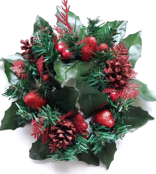 Merkloos Kerststukjes>Kerststukje Maken – Wit Schaaltje + Oase + Kerstkrans - Rood - Kunst - Ca. 20 Cm – Bij-007