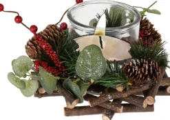Merkloos Kerststukjes>Kerststukje Met Theelichthouder En Decoratie 20 X 12 Cm Kerst Tafeldecoratie - Kerstversiering/Kerstdecoratie