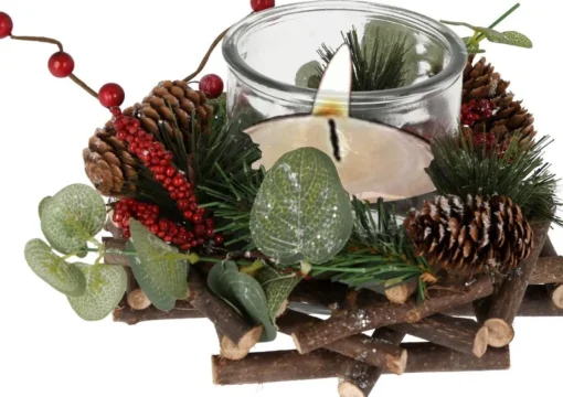 Merkloos Kerststukjes>Kerststukje Met Theelichthouder En Decoratie 20 X 12 Cm Kerst Tafeldecoratie - Kerstversiering/Kerstdecoratie