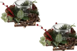 Merkloos Kerststukjes>Kerststukje Met Theelichthouder En Decoratie 20 X 12 Cm Kerst Tafeldecoratie - Kerstversiering/Kerstdecoratie