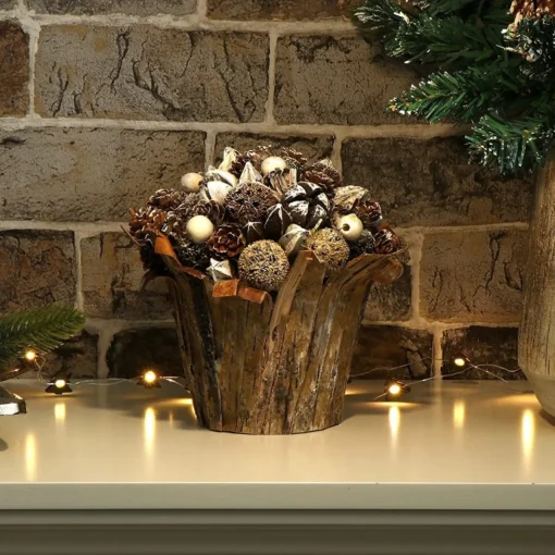 * Kerststukjes>Kerstversieringen In De Bloempot, Verschillende Soorten Dennenappels In De Decoratieve Schorspot, Handgemaakt Bloemstuk Als Tafeldecoratie (1 Stuk, 18 Cm, Wit, Kralen)